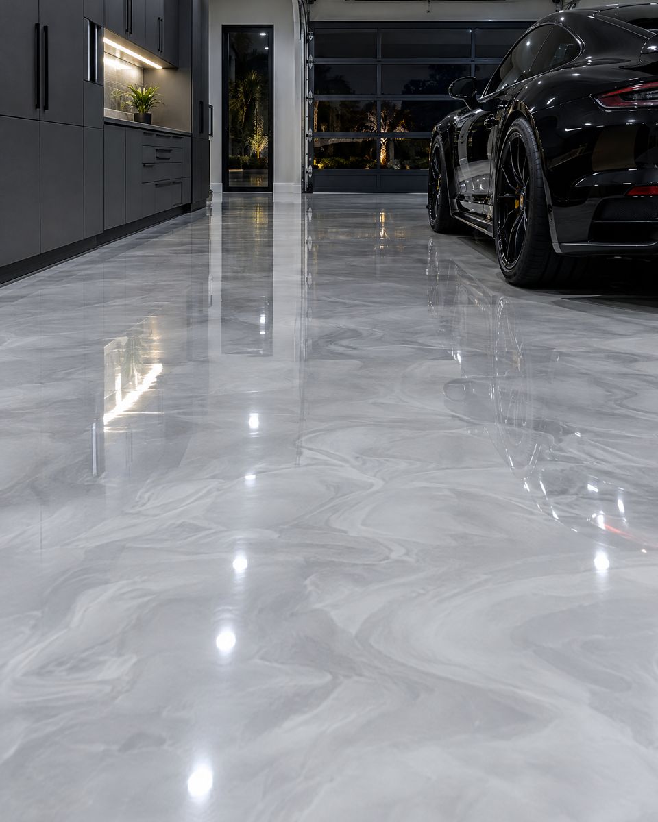 The same garage with the lights on: the floor shows a pale gray marbled base color